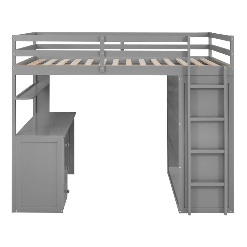 Lit mezzanine pleine grandeur avec tiroirs, bureau et armoire