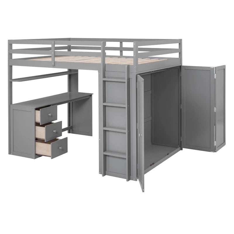 Lit mezzanine pleine grandeur avec tiroirs, bureau et armoire