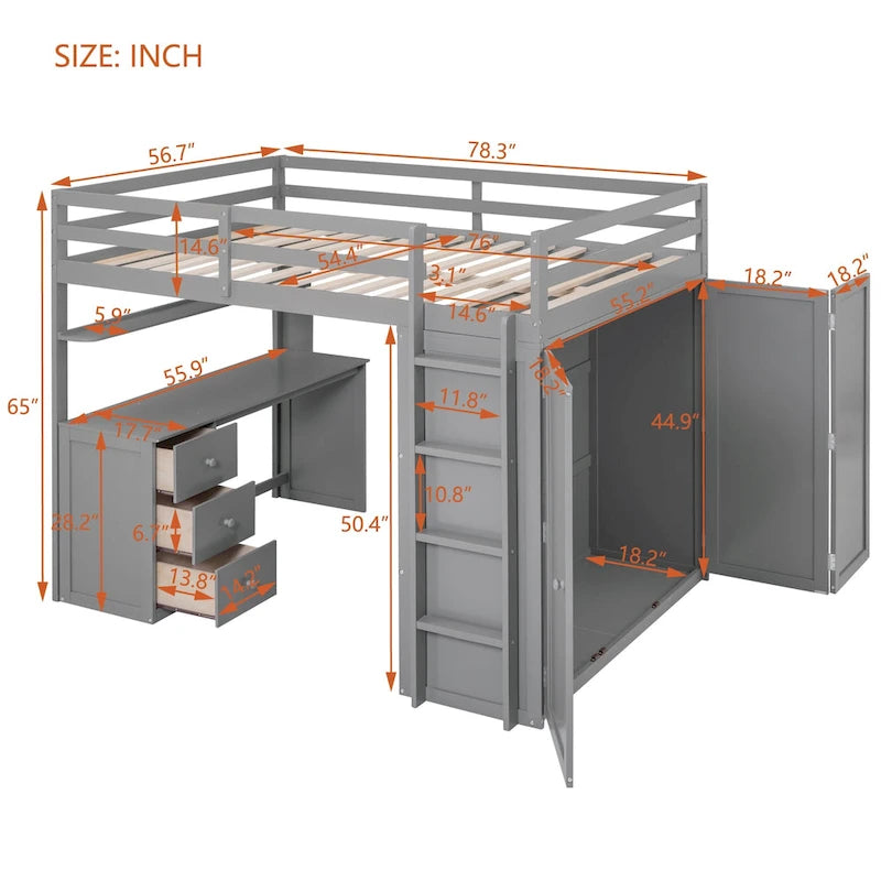 Lit mezzanine pleine grandeur avec tiroirs, bureau et armoire