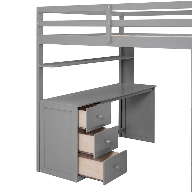Lit mezzanine pleine grandeur avec tiroirs, bureau et armoire