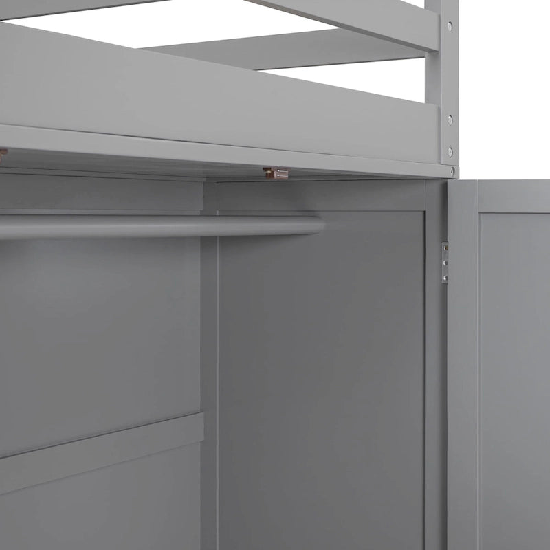 Lit mezzanine pleine grandeur avec tiroirs, bureau et armoire