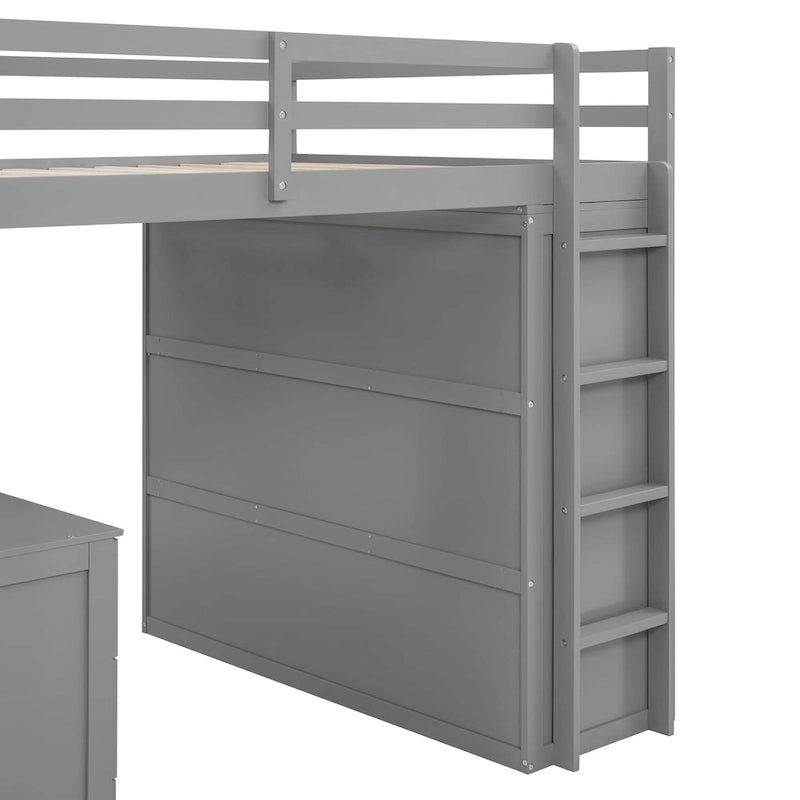 Lit mezzanine pleine grandeur avec tiroirs, bureau et armoire