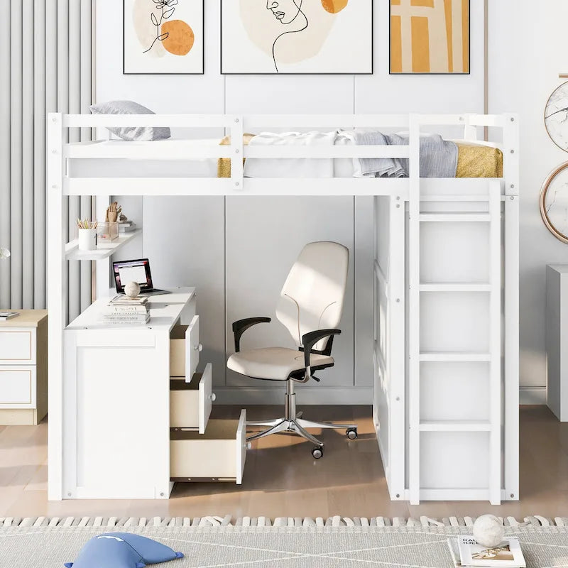 Lit mezzanine pleine grandeur avec tiroirs, bureau et armoire
