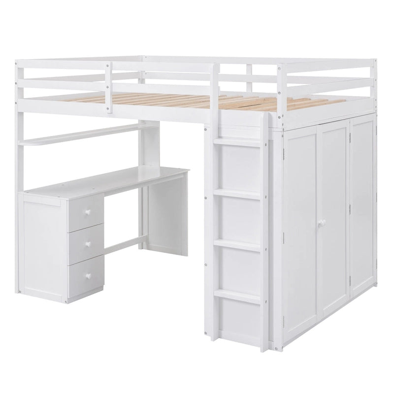 Lit mezzanine pleine grandeur avec tiroirs, bureau et armoire
