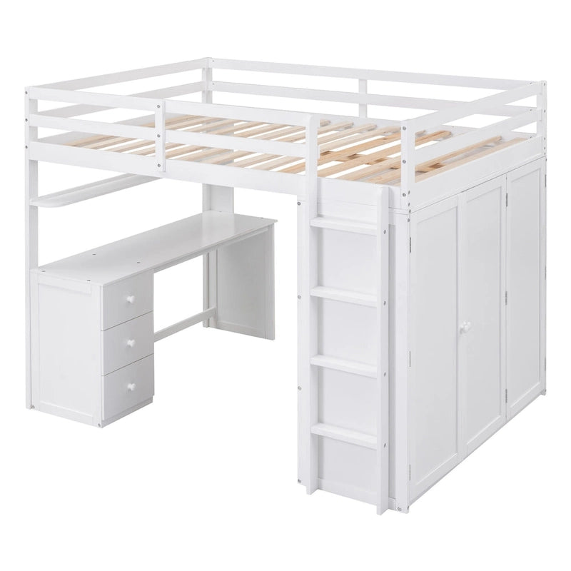 Lit mezzanine pleine grandeur avec tiroirs, bureau et armoire