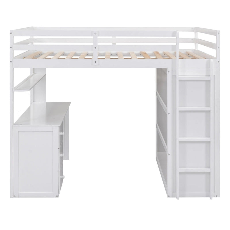 Lit mezzanine pleine grandeur avec tiroirs, bureau et armoire