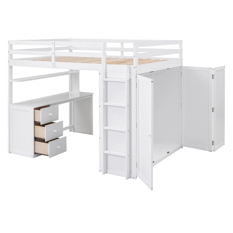Lit mezzanine pleine grandeur avec tiroirs, bureau et armoire