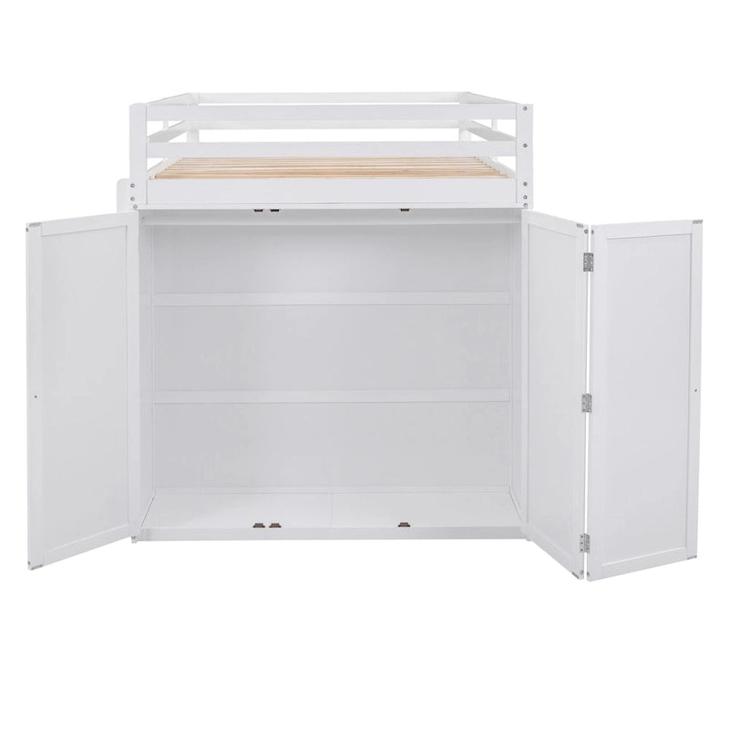 Lit mezzanine pleine grandeur avec tiroirs, bureau et armoire