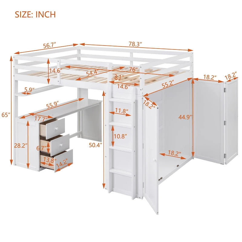 Lit mezzanine pleine grandeur avec tiroirs, bureau et armoire