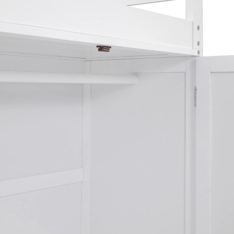 Lit mezzanine pleine grandeur avec tiroirs, bureau et armoire