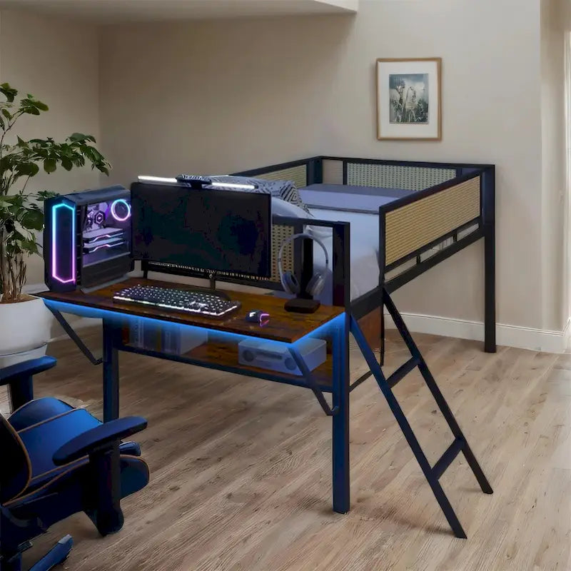 Lit mezzanine double en métal avec LED, bureau rectangulaire et étagères de rangement