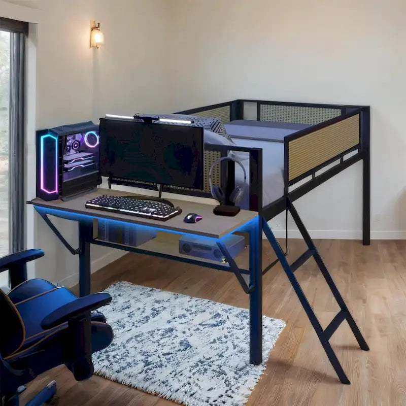 Lit mezzanine double en métal avec LED, bureau rectangulaire et étagères de rangement