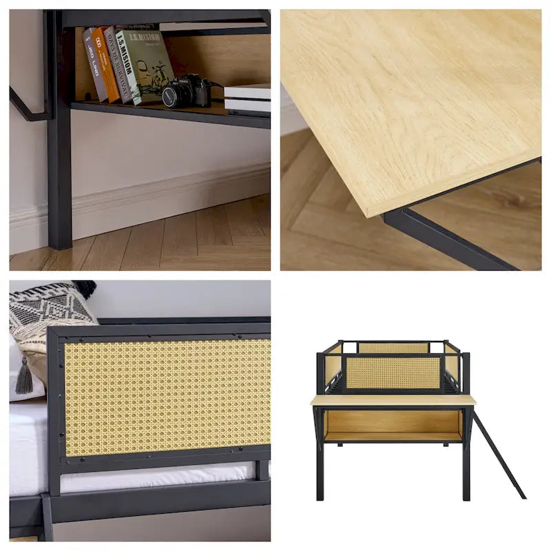 Lit mezzanine double en métal avec LED, bureau rectangulaire et étagères de rangement