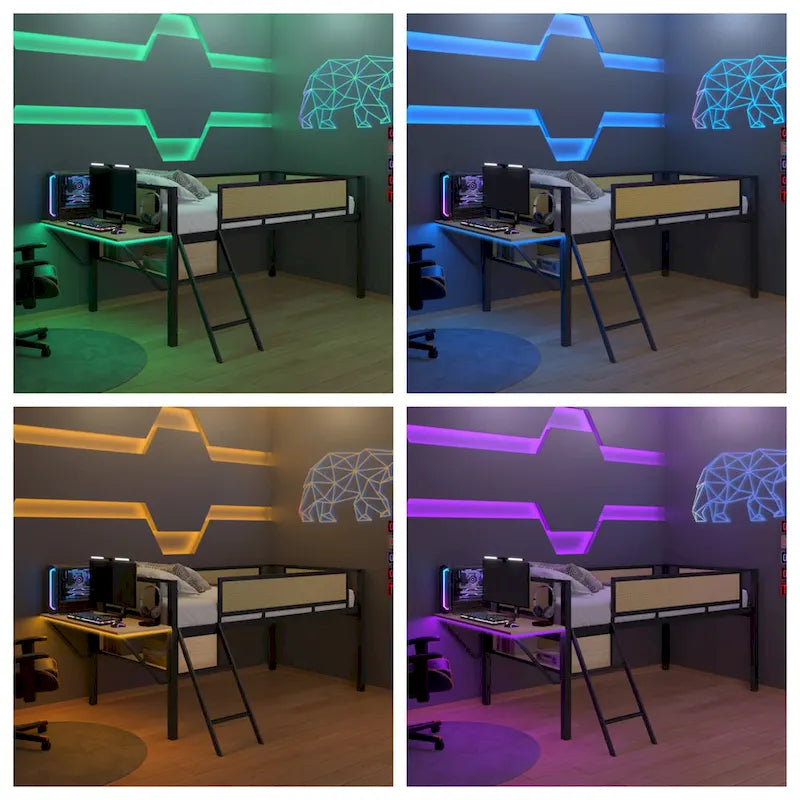 Lit mezzanine double en métal avec LED, bureau rectangulaire et étagères de rangement