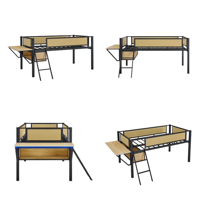 Lit mezzanine double en métal avec LED, bureau rectangulaire et étagères de rangement