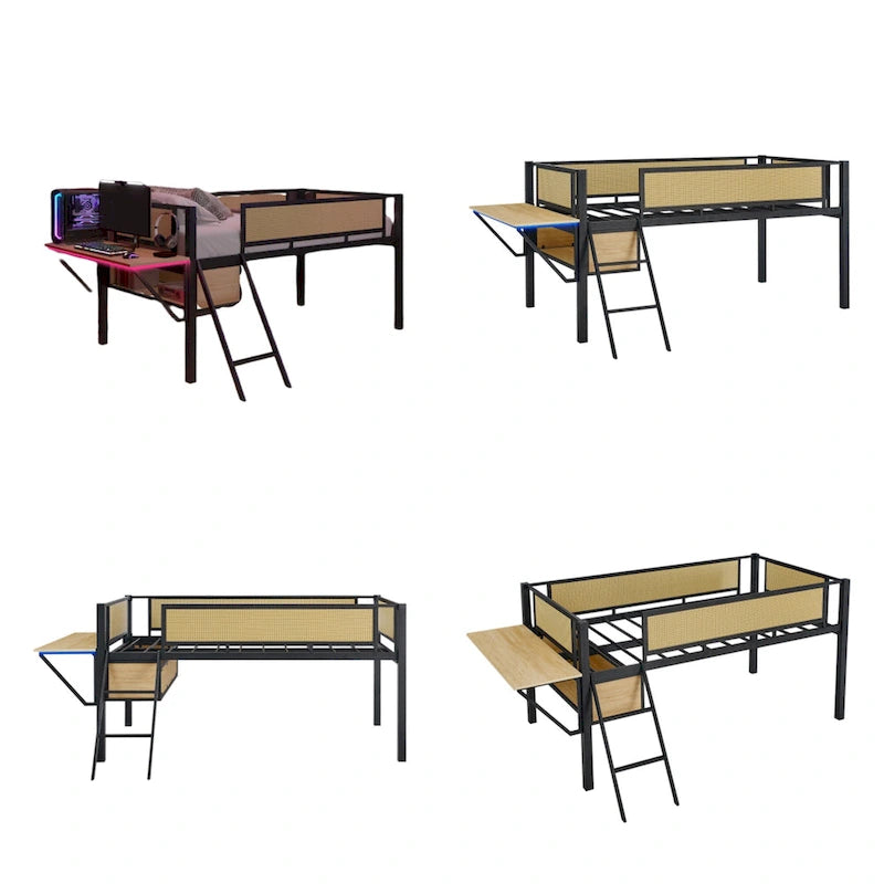 Lit mezzanine double en métal avec LED, bureau rectangulaire et étagères de rangement