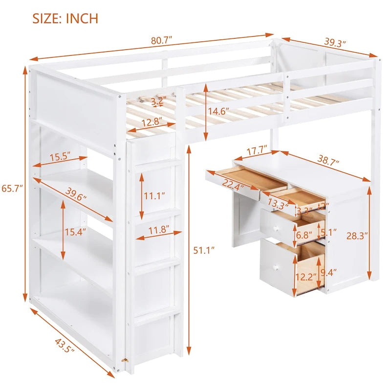 Lit mezzanine avec échelle, étagères et bureau