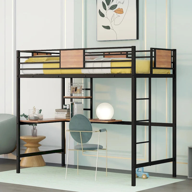Lit mezzanine en métal double avec bureau et étagère