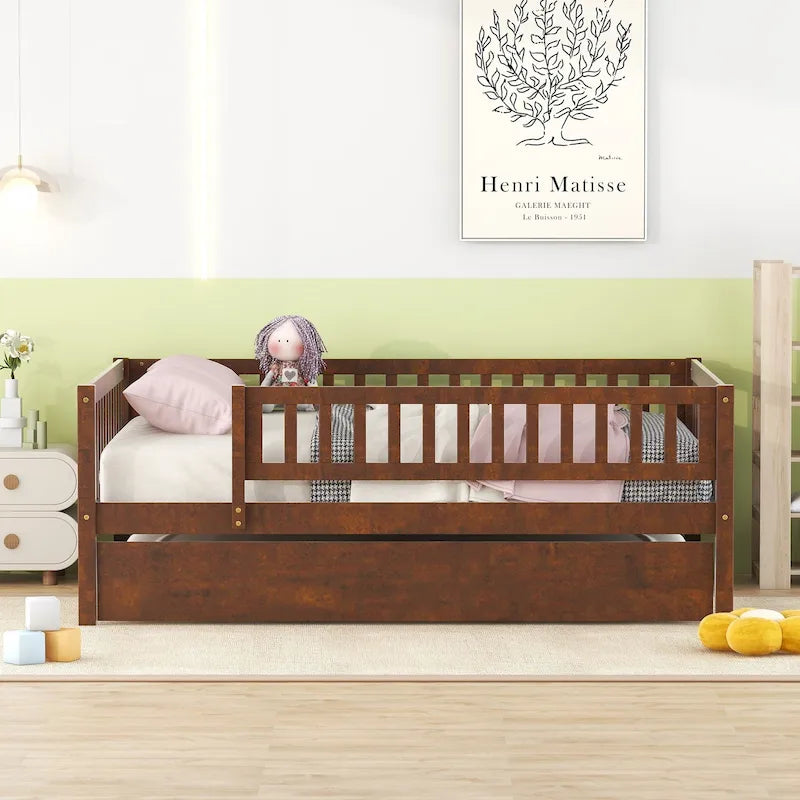 Full Size Wood Daybed with Trundle and Fence Guardrails