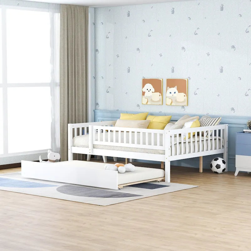 Full Size Wood Daybed with Trundle and Fence Guardrails