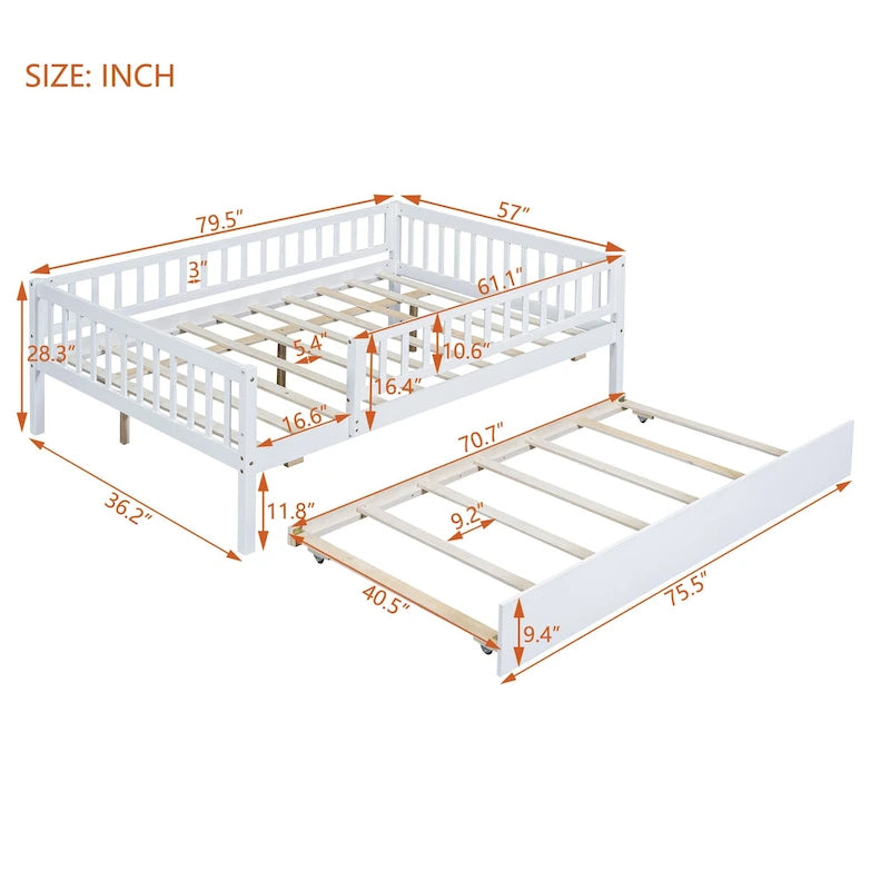 Full Size Wood Daybed with Trundle and Fence Guardrails