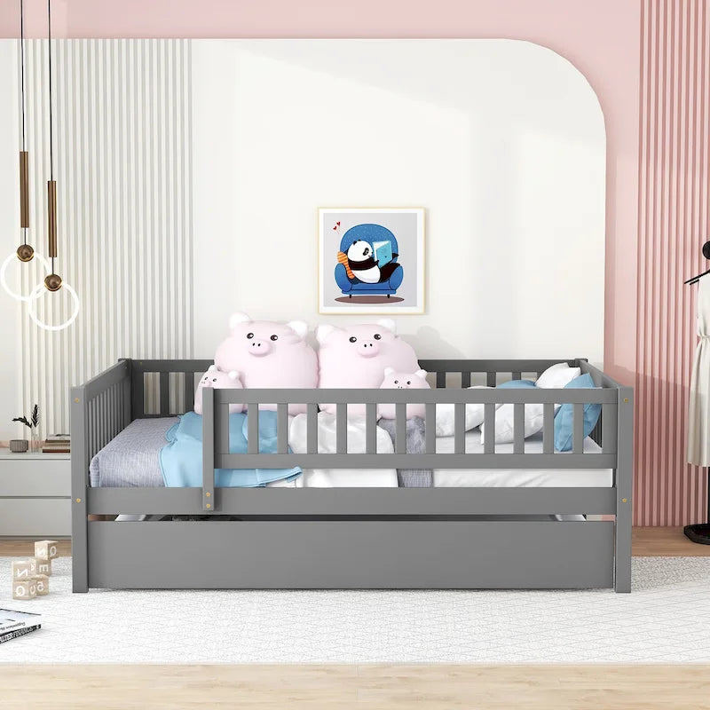 Full Size Wood Daybed with Trundle and Fence Guardrails