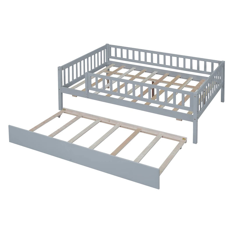 Lit de repos double en bois avec lit gigogne et barrières de sécurité