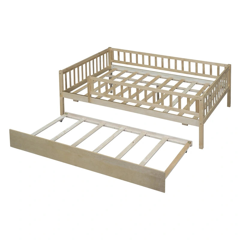 Lit de repos double en bois avec lit gigogne et barrières de sécurité