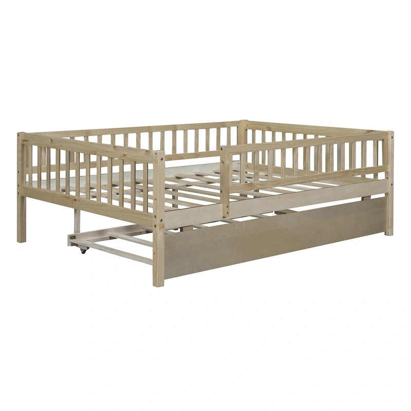 Lit de repos double en bois avec lit gigogne et barrières de sécurité