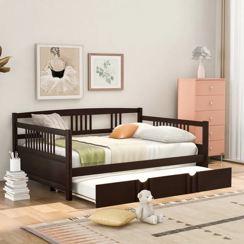 Full Daybed with Twin Size Trundle, Wood Full Size Bed Frame with Rails in Three Sides