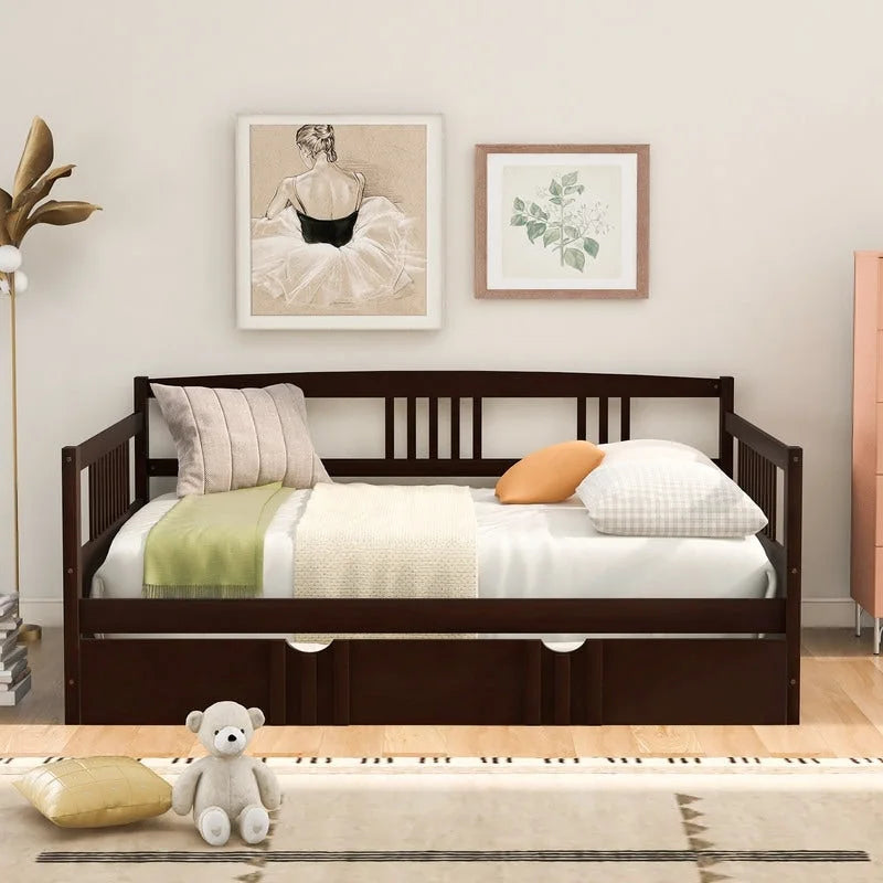 Full Daybed with Twin Size Trundle, Wood Full Size Bed Frame with Rails in Three Sides