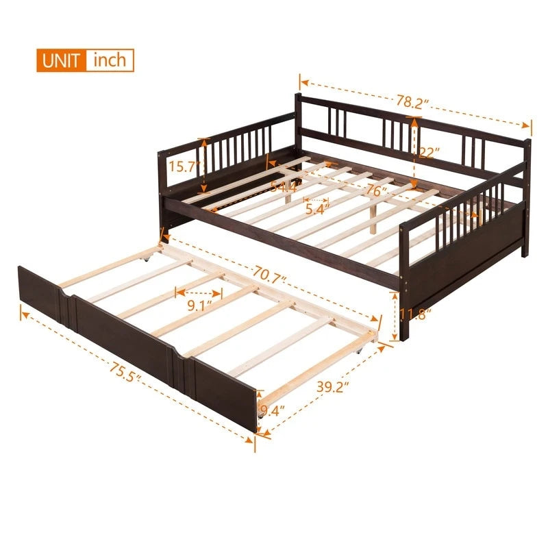 Full Daybed with Twin Size Trundle, Wood Full Size Bed Frame with Rails in Three Sides