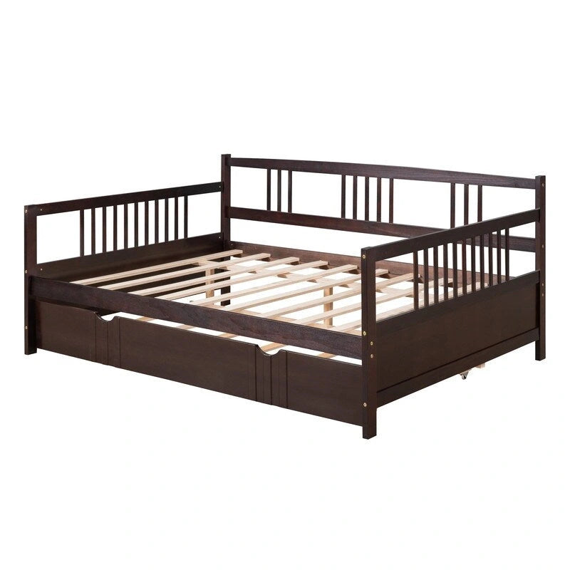 Lit de repos double avec lit gigogne double, cadre de lit double en bois avec barrières sur trois côtés