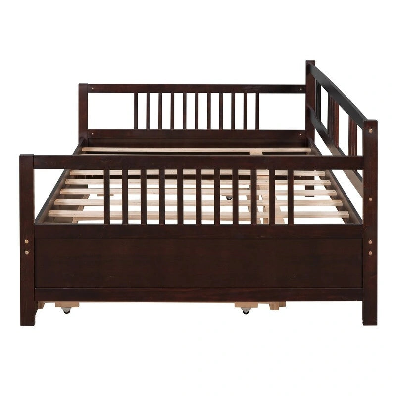 Lit de repos double avec lit gigogne double, cadre de lit double en bois avec barrières sur trois côtés