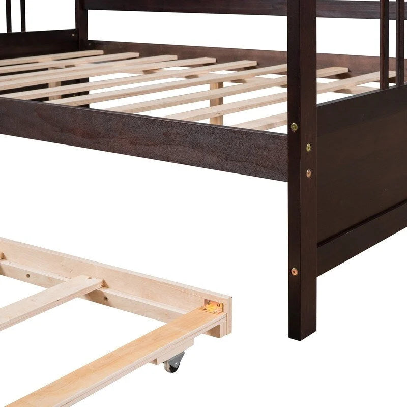 Lit de repos double avec lit gigogne double, cadre de lit double en bois avec barrières sur trois côtés