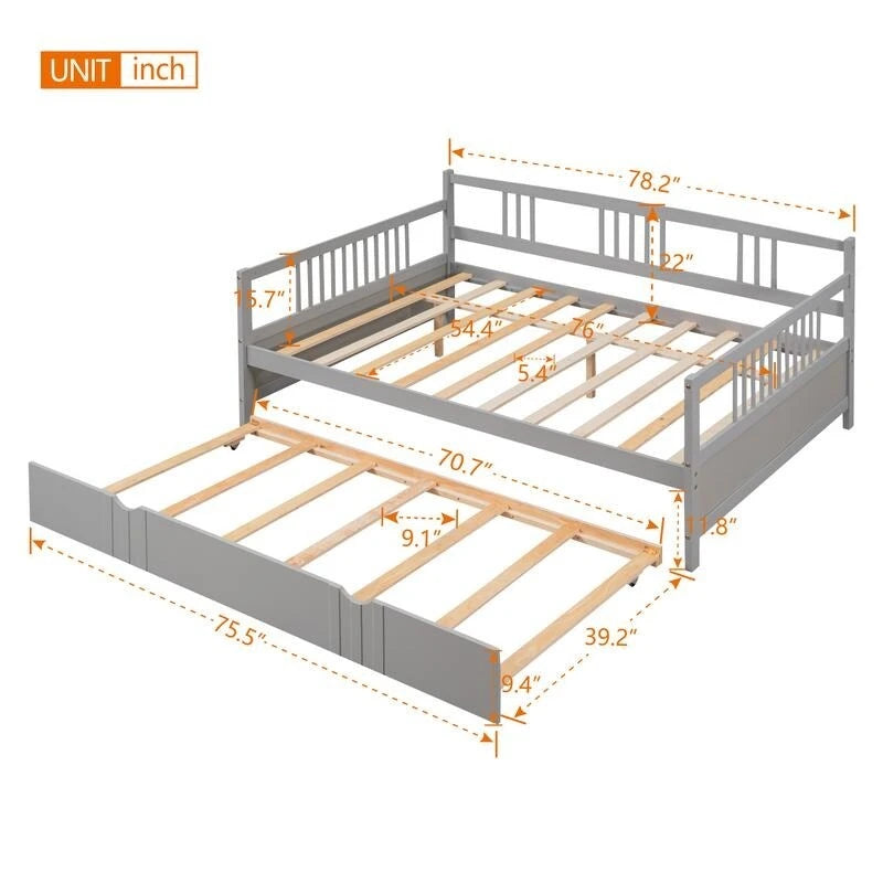 Lit de repos double avec lit gigogne double, cadre de lit double en bois avec barrières sur trois côtés