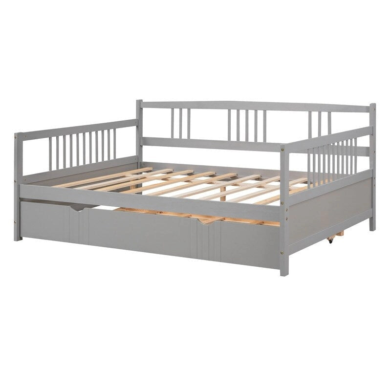 Lit de repos double avec lit gigogne double, cadre de lit double en bois avec barrières sur trois côtés