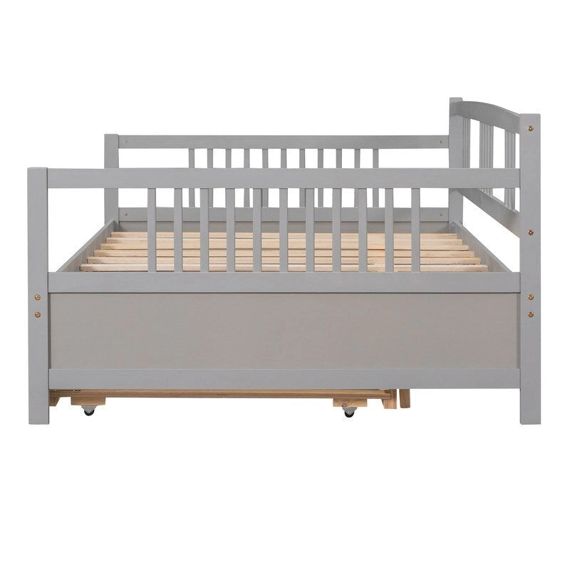Lit de repos double avec lit gigogne double, cadre de lit double en bois avec barrières sur trois côtés