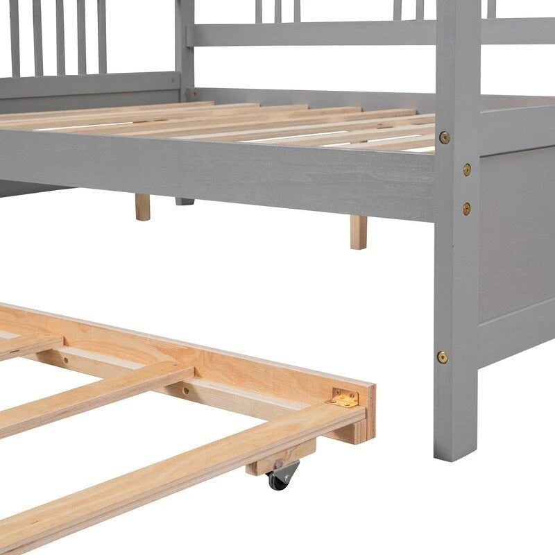 Lit de repos double avec lit gigogne double, cadre de lit double en bois avec barrières sur trois côtés