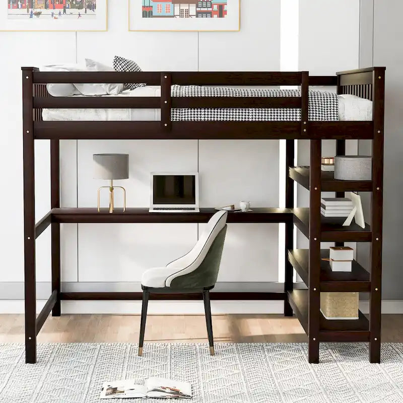 Lit mezzanine pleine taille avec étagères de rangement et bureau sous le lit, Espresso