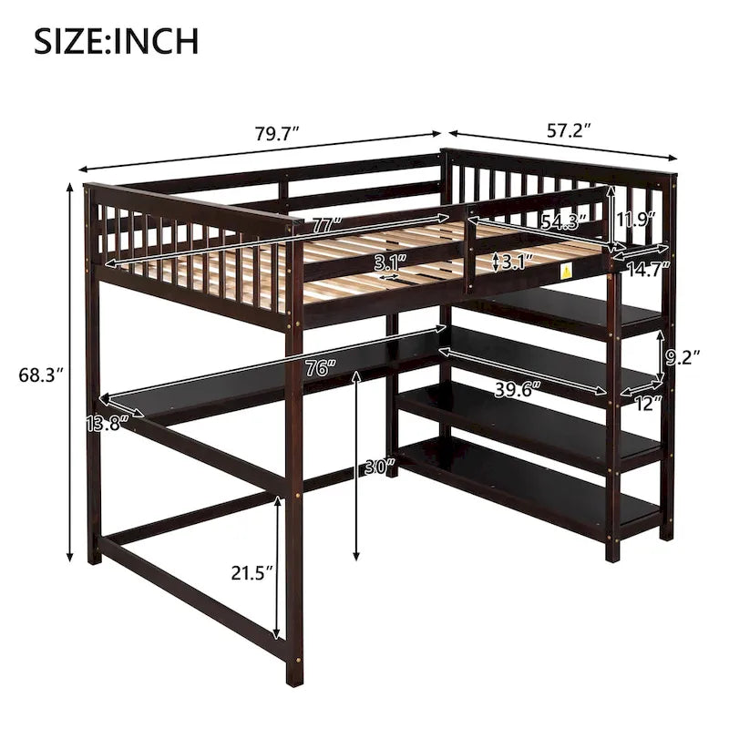 Lit mezzanine pleine taille avec étagères de rangement et bureau sous le lit, Espresso