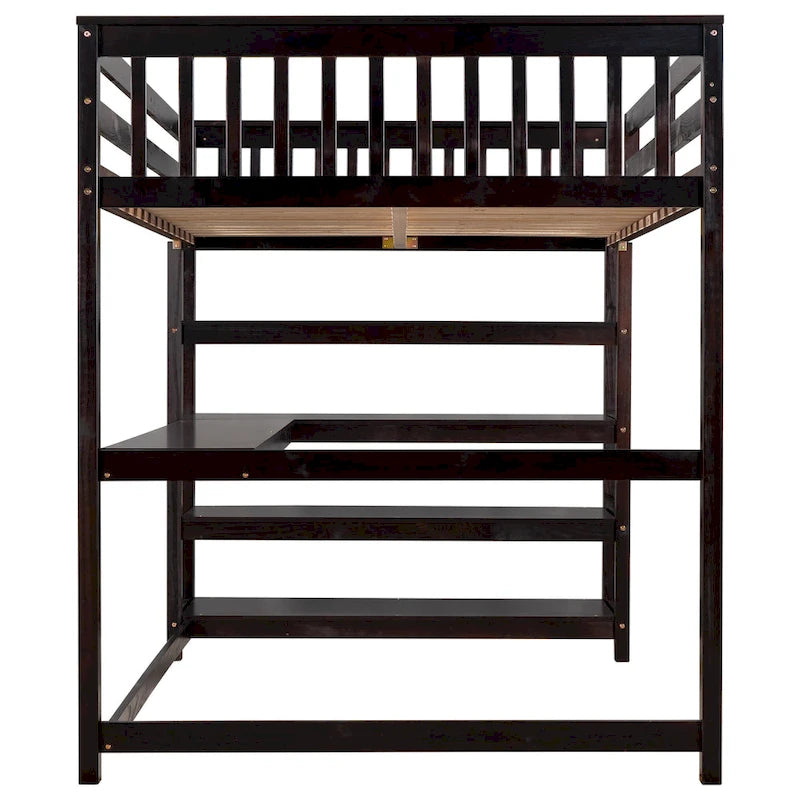 Lit mezzanine pleine taille avec étagères de rangement et bureau sous le lit, Espresso