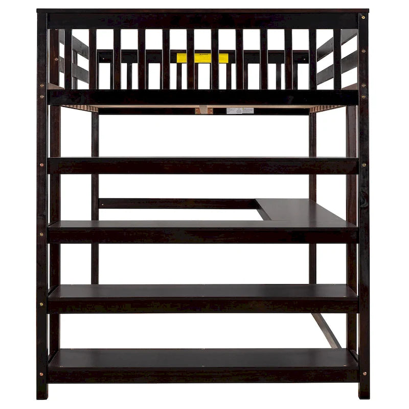 Lit mezzanine pleine taille avec étagères de rangement et bureau sous le lit, Espresso