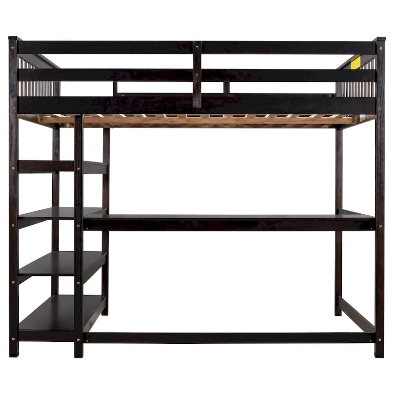 Lit mezzanine pleine taille avec étagères de rangement et bureau sous le lit, Espresso