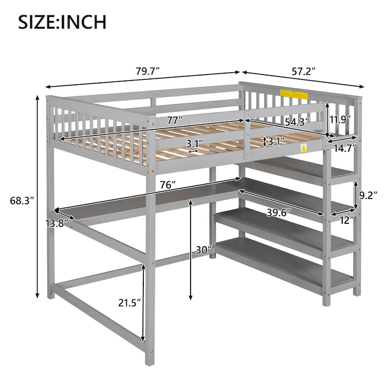 Lit mezzanine pleine taille avec étagères de rangement et bureau sous le lit, Espresso