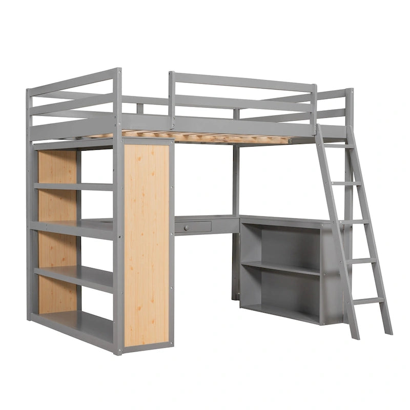 Lit mezzanine pleine grandeur avec échelle, étagères et bureau, gris