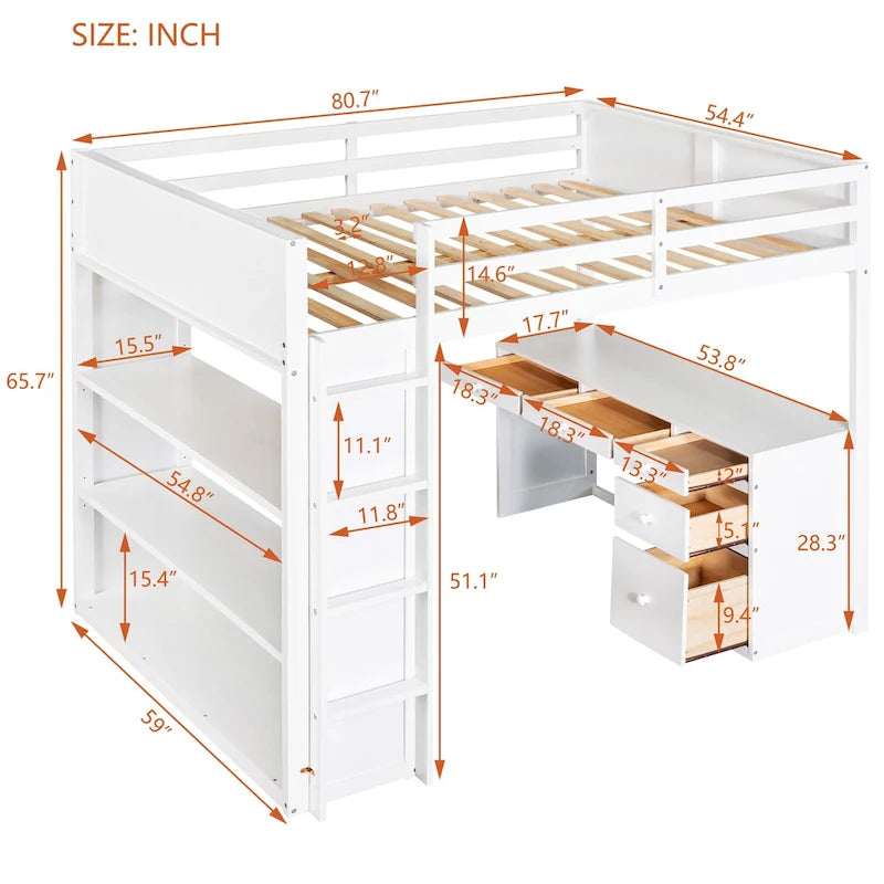 Lit mezzanine pleine grandeur avec échelle, étagères et bureau, gris