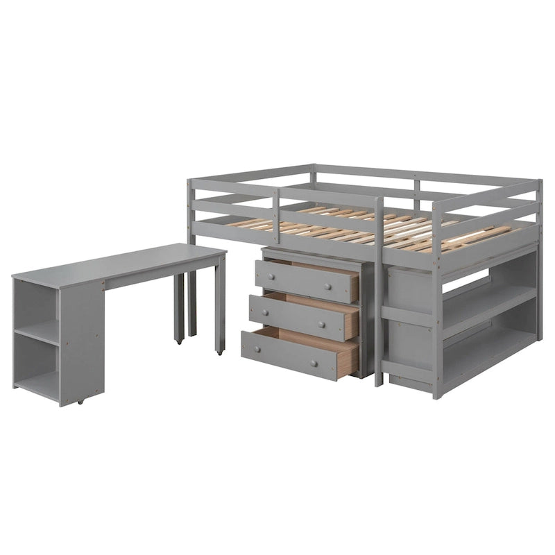 Low Study Full Loft Bed with Cabinet ,Shelves and Rolling Portable Desk ,Multiple Functions Bed- Espresso