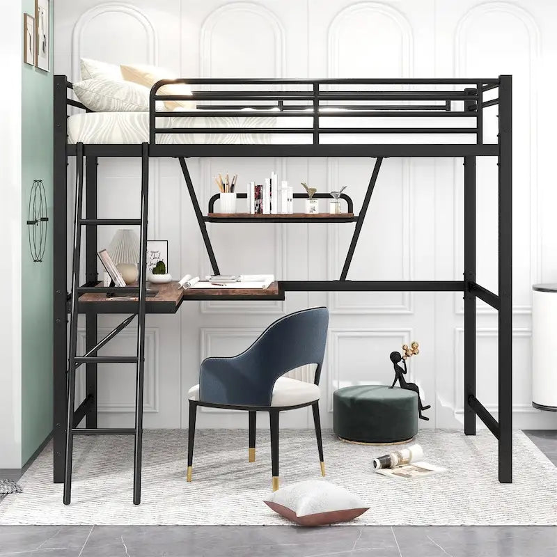 Lit mezzanine en métal avec bureau en L et étagère