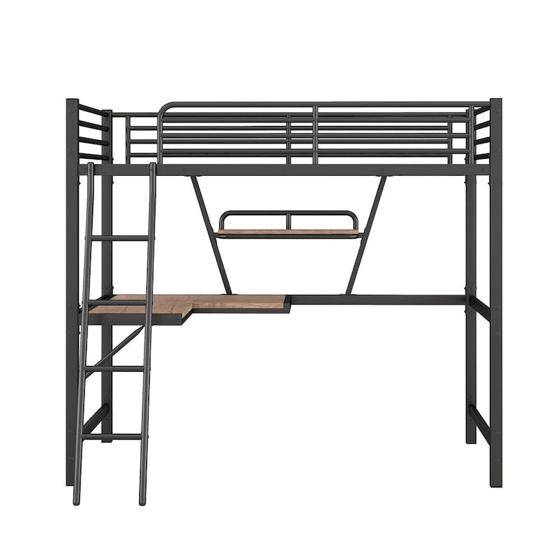 Lit mezzanine en métal avec bureau en L et étagère
